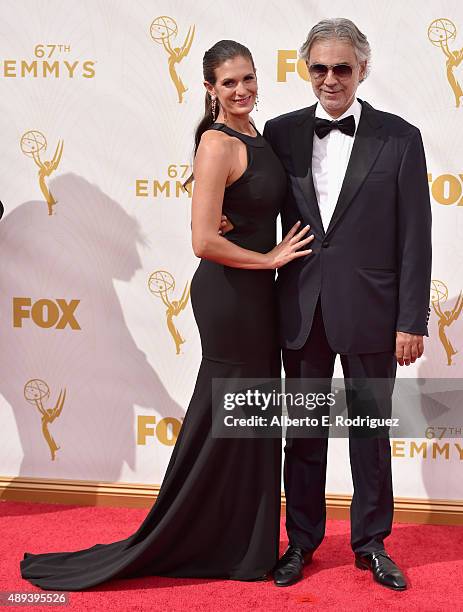 Actress Veronica Berti and recording artist Andrea Bocelli attend the 67th Emmy Awards at Microsoft Theater on September 20, 2015 in Los Angeles,...