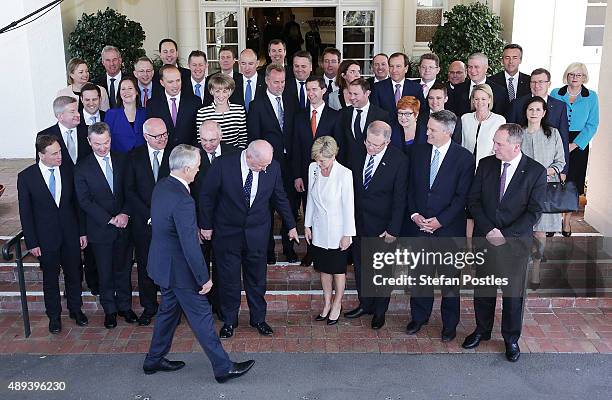 Prime Minister Malcolm Turnbull arrives for photographs during the offical Swearing-in ceremony of the New Turnbull Ministry at Government House on...