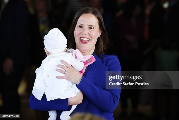 Minister for Small Business Kelly O'Dwyer arrives for photographs during the offical Swearing-in ceremony of the New Turnbull Ministry at Government...