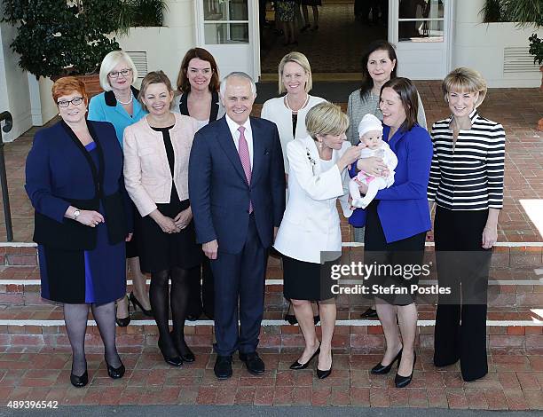 Prime Minister Malcolm Turnbull poses with the woman in his new Ministry during the offical Swearing-in ceremony of the New Turnbull Ministry at...