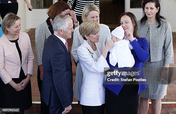 Prime Minister Malcolm Turnbull and Minister for Foreign Affairs Julie Bishop meet with Minister for Small Business Kelly OÕDwyer's daughter during...