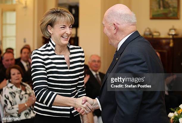 Minister for Women Michaelia Cash is congratulated by Governor-General Sir Peter Cosgrove during the swearing-in ceremony of the new Turnbull...