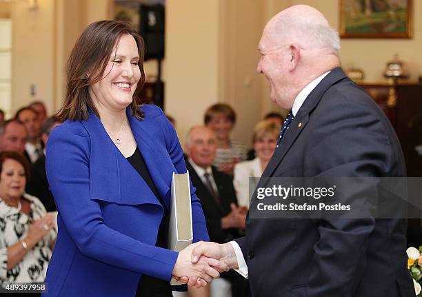 Minister for Small Business Kelly O'Dwyer is congratulated by Governor-General Sir Peter Cosgrove during the swearing-in ceremony of the new Turnbull...