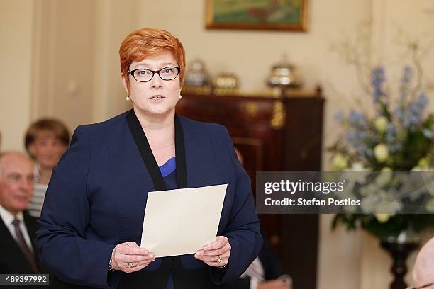 Minister for Defence Marise Payne is sworn in by Governor-General Sir Peter Cosgrove during the swearing-in ceremony of the new Turnbull Government...