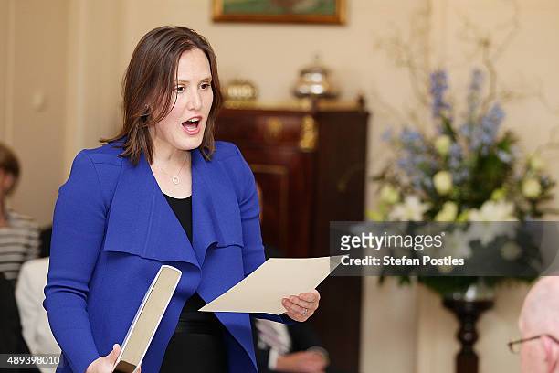 Minister for Small Business Kelly O'Dwyer is sworn in by Governor-General Sir Peter Cosgrove during the swearing-in ceremony of the new Turnbull...
