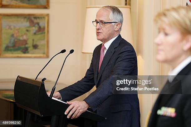 Prime Minister Malcolm Turnbull announces his Ministry to the Governor-General Peter Cosgrove during the swearing-in ceremony of the new Turnbull...