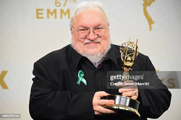 Writer George R. R. Martin, winner of Outstanding Drama Series for "Game of Thrones", poses in the press room at the 67th Annual Primetime Emmy...