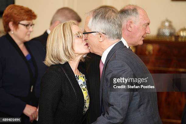 Prime Minister Malcolm Turnbull recieves a kiss from his wife Lucy Turnbull prior to the swearing-in ceremony of the new Turnbull Government at...