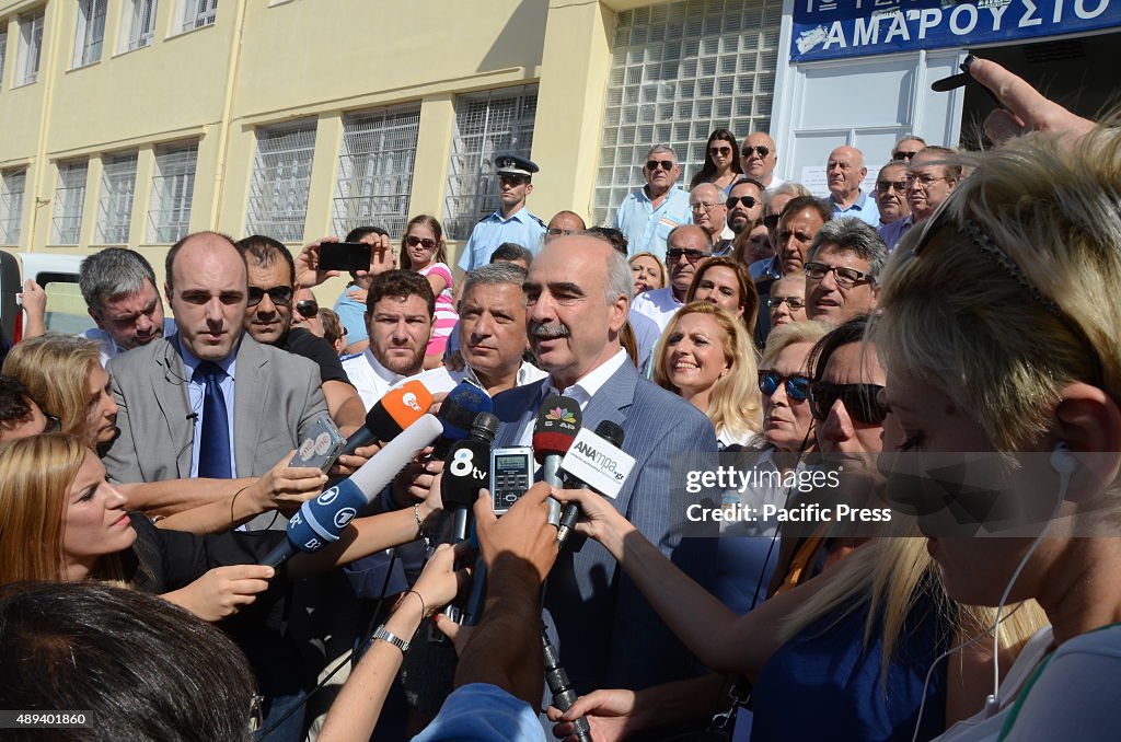 President of New Democracy Vangelis Meimarakis exits the...