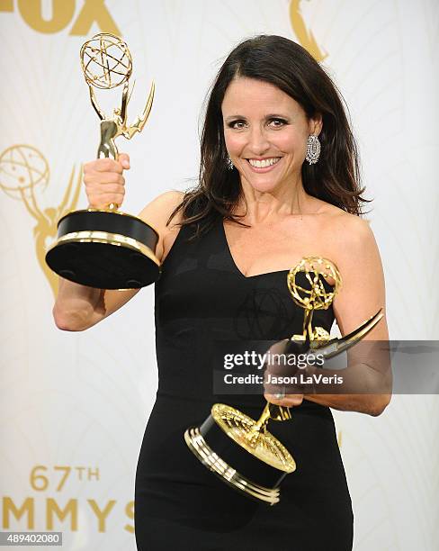 Actress Julia Louis-Dreyfus poses in the press room at the 67th annual Primetime Emmy Awards at Microsoft Theater on September 20, 2015 in Los...