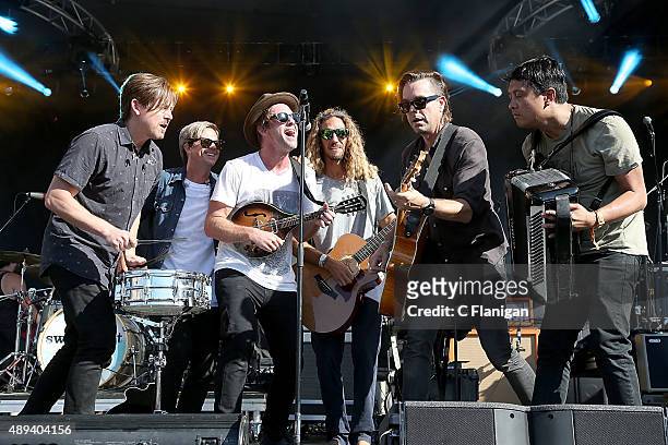 Chad Butler, Tim Foreman, Jon Foreman, Surfer Rob Machado, Drew Shirley and Jerome Fontamillas perform with Switchfoot during day 3 of KAABOO Del Mar...