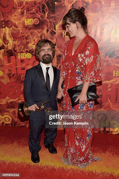 Actors Peter Dinklage and Erica Schmidt attend HBO's Official 2015 Emmy After Party at The Plaza at the Pacific Design Center on September 20, 2015...