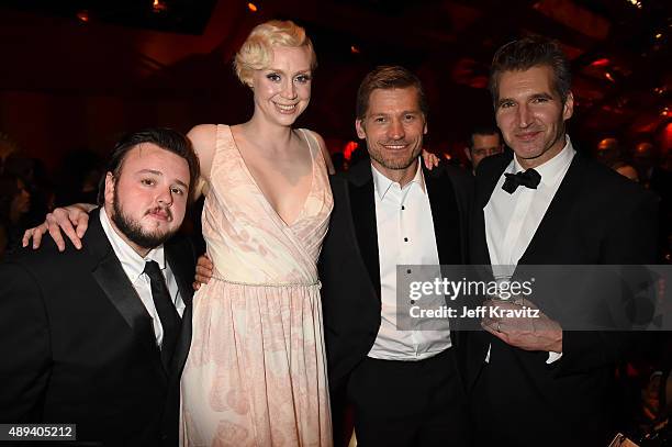 John Bradley-West, Gwendoline Christie, Nikolaj Coster-Waldau, and David Benioff attend HBO's Official 2015 Emmy After Party at The Plaza at the...