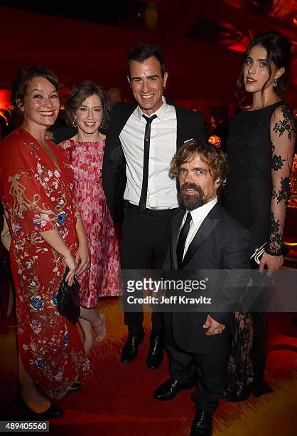 Actors Erica Schmidt, Carrie Coon, Justin Theroux, Peter Dinklage, and Margaret Qualley attend HBO's Official 2015 Emmy After Party at The Plaza at...