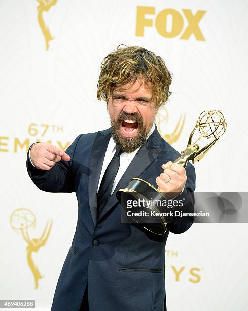 Actor Peter Dinklage, winner of Outstanding Supporting Actor in a Drama Series for 'Game of Thrones', poses in the press room at the 67th Annual...