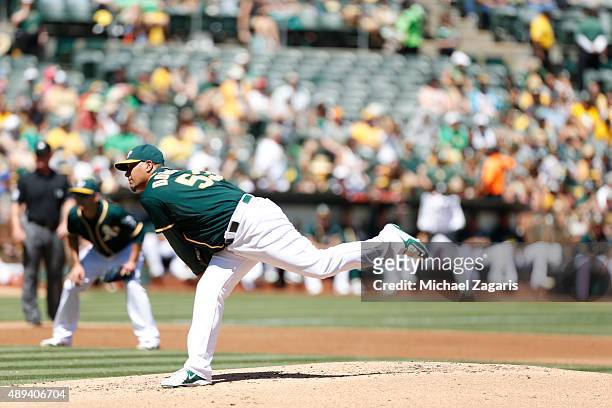 Felix Doubront of the Oakland Athletics pitches during the game against the Houston Astros at O.co Coliseum on September 7, 2015 in Oakland,...