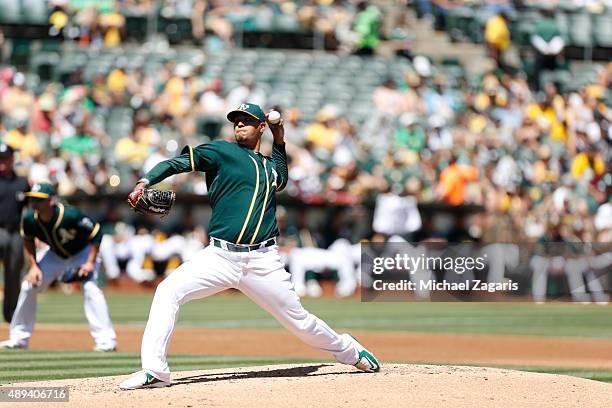 Felix Doubront of the Oakland Athletics pitches during the game against the Houston Astros at O.co Coliseum on September 7, 2015 in Oakland,...