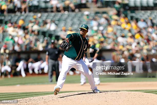 Felix Doubront of the Oakland Athletics pitches during the game against the Houston Astros at O.co Coliseum on September 7, 2015 in Oakland,...