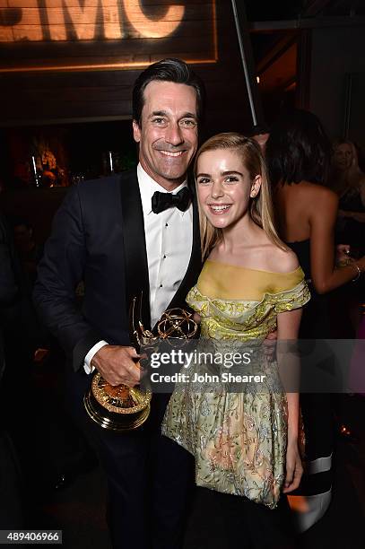 Actors Jon Hamm and Kiernan Shipka attend the AMC, BBC America, IFC And SundanceTV Emmy After Party at BOA Steakhouse on September 20, 2015 in West...