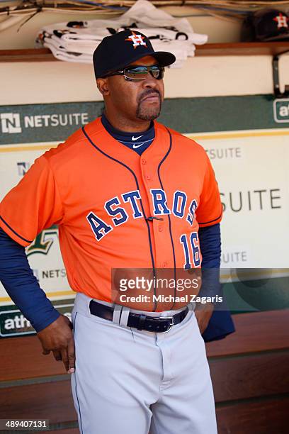 Manager Bo Porter of the Houston Astros stands in the dugout prior to the game against the Oakland Athletics at O.co Coliseum on April 19, 2014 in...