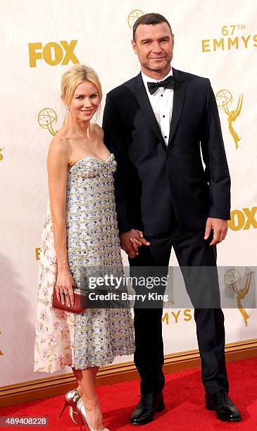 Actress Naomi Watts and actor Liev Schreiber arrive at the 67th Annual Primetime Emmy Awards at the Microsoft Theater on September 20, 2015 in Los...