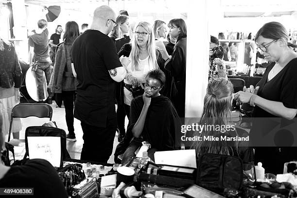 Models backstage ahead of the Vivienne Westwood Red Label show during London Fashion Week Spring/Summer 2016/17 on September 20, 2015 in London,...