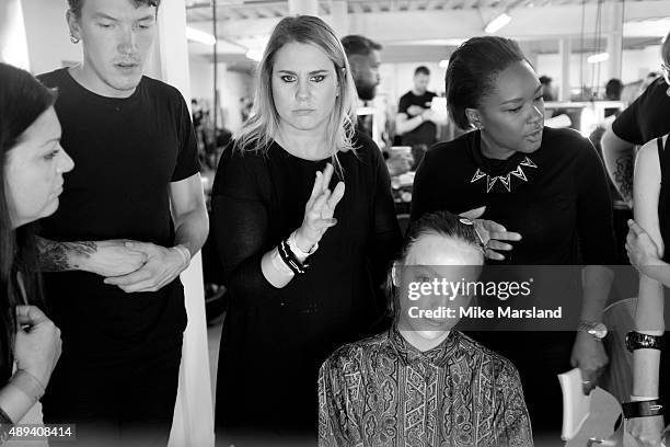 Models backstage ahead of the Vivienne Westwood Red Label show during London Fashion Week Spring/Summer 2016/17 on September 20, 2015 in London,...