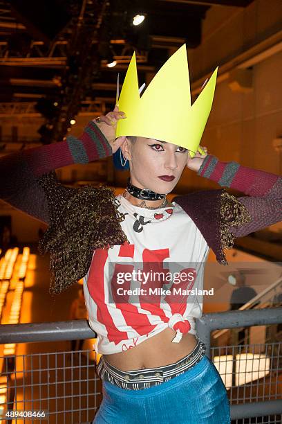 Models backstage ahead of the Vivienne Westwood Red Label show during London Fashion Week Spring/Summer 2016/17 on September 20, 2015 in London,...