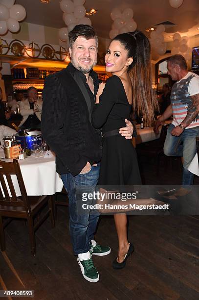 Oliver Burghart and his wife Playmate Mia Gray attend 9 Years Anniversary Bachmaier Hofbraeu at Bachmaier Hofbraeu on May 10, 2014 in Munich, Germany.