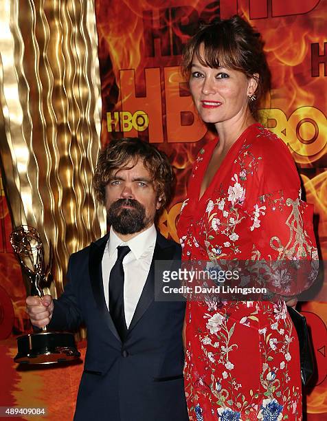Actor Peter Dinklage and wife actress Erica Schmidt attend HBO's Official 2015 Emmy After Party at The Plaza at the Pacific Design Center on...