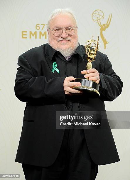 Writer George R. R. Martin, winner of Outstanding Drama Series for 'Game of Thrones', poses in the press room at the 67th Annual Primetime Emmy...