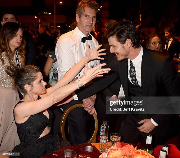 Amanda Peet, David Benioff, and Pedro Pascal attend HBO's Official 2015 Emmy After Party at The Plaza at the Pacific Design Center on September 20,...