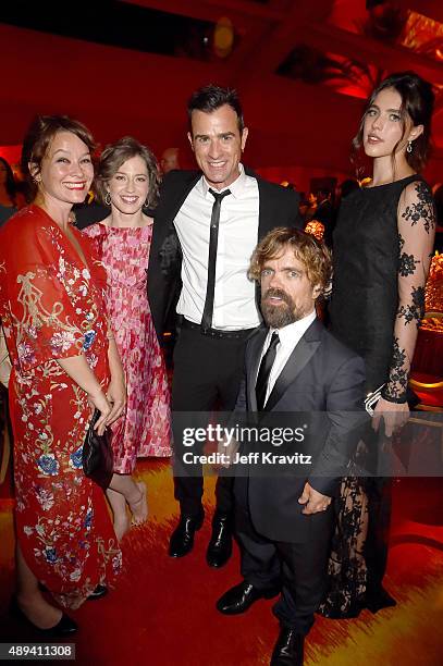 Erica Schmidt, Carrie Coon, Justin Theroux, Peter Dinklage, and Margaret Qualley attend HBO's Official 2015 Emmy After Party at The Plaza at the...