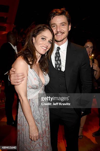 Actors Robin Tunney and Pedro Pascal attend HBO's Official 2015 Emmy After Party at The Plaza at the Pacific Design Center on September 20, 2015 in...