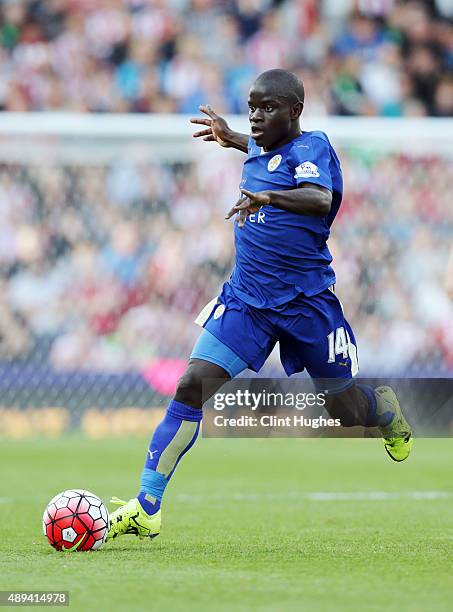 Golo Kante of Leicester City in action during the Barclays Premier League match between Stoke City and Leicester City at Britannia Stadium on...