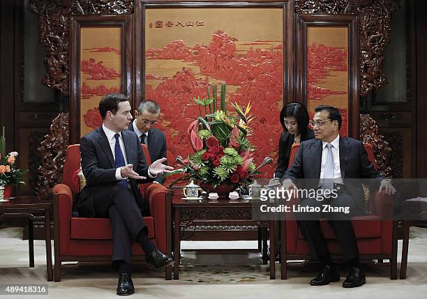 Chinese Premier Li Keqiang meets with British Chancellor of the Exchequer George Osborne at the Zhongnanhai Leadership Compound on September 21, 2015...