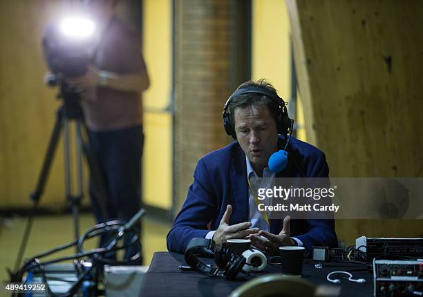 Former leader of the Liberal Democrats Nick Clegg does a radio interview on the third day of the Liberal Democrats annual conference on September 20,...