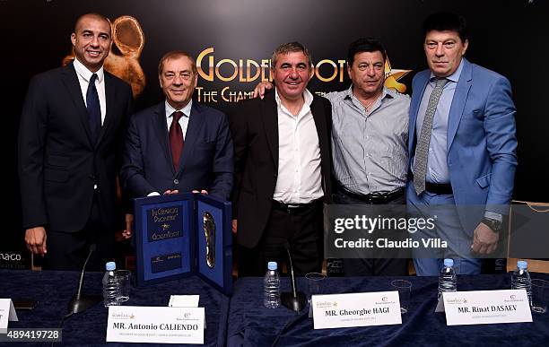 David Trezeguet, Antonio Caliendo, Gheorghe Hagi, Daniel Passarella and Rinat Dasaev attend a press conference during the Golden Foot Award event at...