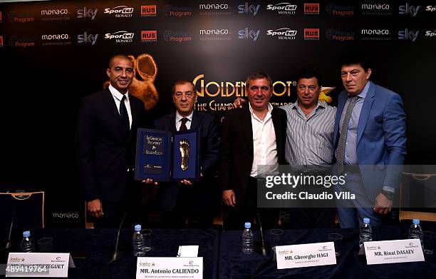 David Trezeguet, Antonio Caliendo, Gheorghe Hagi, Daniel Passarella and Rinat Dasaev attend a press conference during the Golden Foot Award event at...