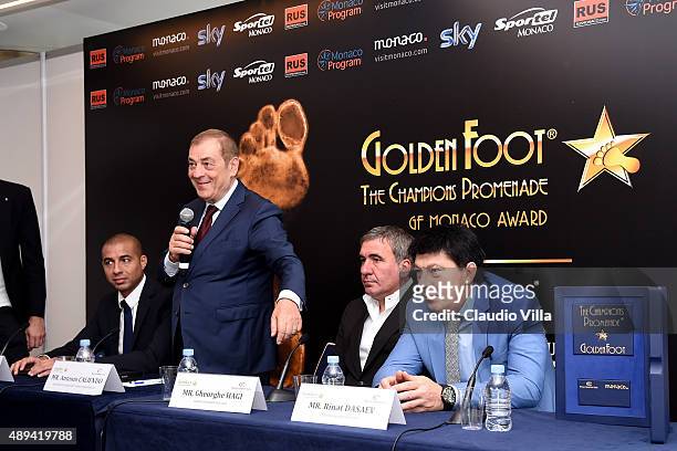 David Trezeguet, Antonio Caliendo, Gheorghe Hagi and Rinat Dasaev attend a press conference during the Golden Foot Award event at Fairmont Hotel on...