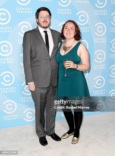 Peter Miller and Emily Heller attend the Comedy Central Emmys after party at Boulevard3 on September 20, 2015 in Hollywood, California.