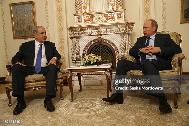 Russian President Vladimir Putin meets with Israel's Prime Minister Benjamin Netanyahu during their talks in Novo-Ogaryovos State Residence on...