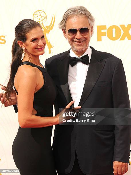 Opera Singer Andrea Bocelli and his wife Veronica Berti arrive at the 67th Annual Primetime Emmy Awards at the Microsoft Theater on September 20,...