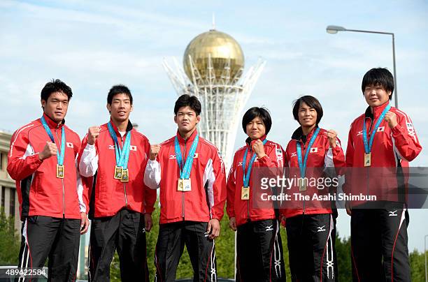 Ryunosuke Haga, Takanori Nagase, Shohei Ono, Misato Nakamura, Kaori Matsumoto and Mami Umeki pose for photographs a day after the 2015 Astana World...