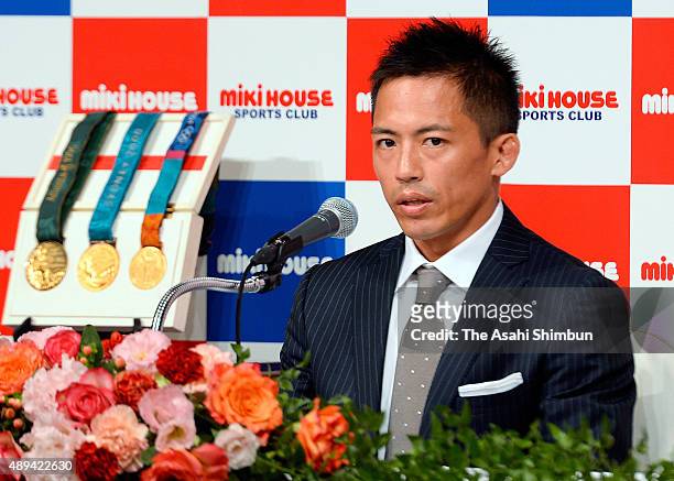Olympic Judo triple gold medalist Tadahiro Nomura speaks during a press conference announcing his retirement on August 31, 2015 in Osaka, Japan.