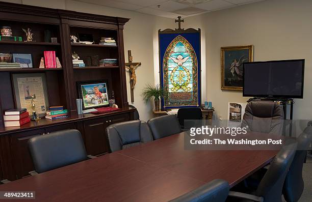 View of the employee conference room, complete with a stained glass altar, cross, bible and candles at the Alabama Pain Center in Huntsville, AL on...