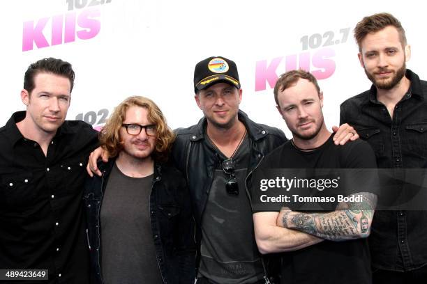 Musicians Zach Filkins, Drew Brown, Ryan Tedder, Eddie Fisher and Brent Kutzle of OneRepublic attend the 102.7 KIIS FM's 2014 Wango Tango held at the...