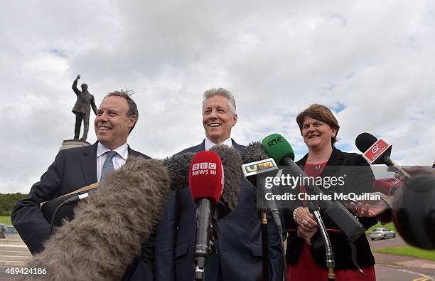 Leader and Former Northern Ireland First Minister Peter Robinson holds a press conference at Stormont alongside Nigel Dodds and acting First Minister...