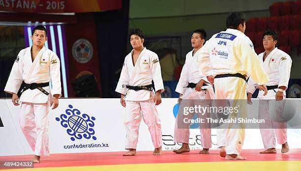 Kengo Takaichi, Shohei Ono, Goki Maruyama, Takeshi Ojitani and Yuya Yoshida of Japan celebrate winning the Men's team semi final against Germany...