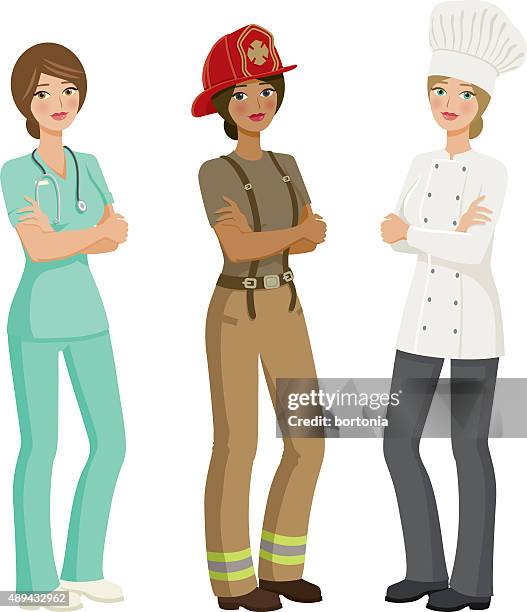 weibliche berufsgruppen icon-set - feuerwehrhelm stock-grafiken, -clipart, -cartoons und -symbole